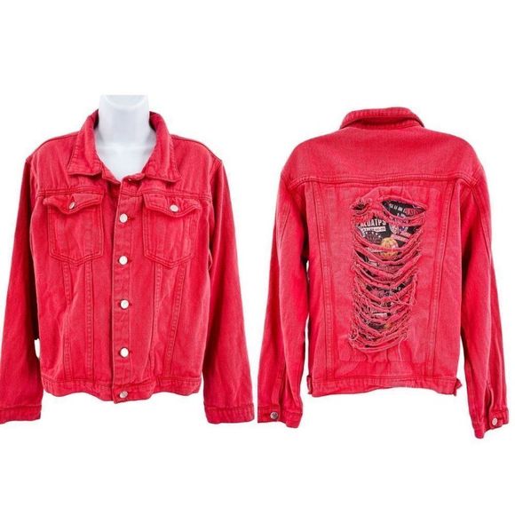 Urban Outfitters Jackets & Blazers - Roadtrip Distressed Cropped Denim Jean Graphic Red Ripped Jacket Coat Retro